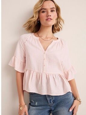 Women’s Small Light Pink Ruffle Peplum Button-Front